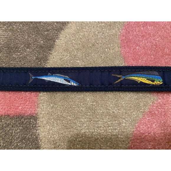Zep-Pro Belt Mens 32 Boys Canvas Leather Brass Blue Game Fish Fishing USA Made - Picture 10 of 16